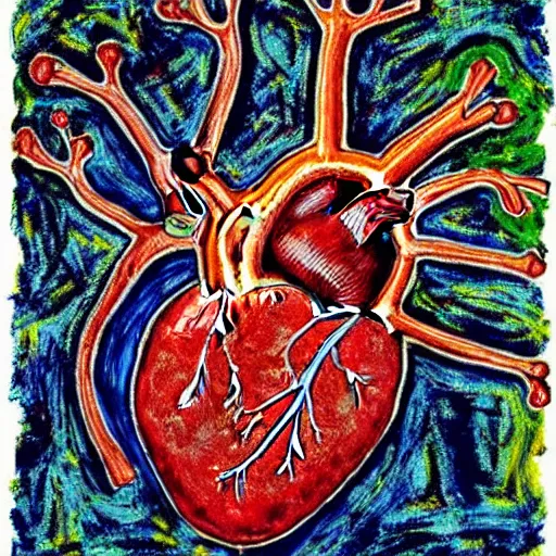 Prompt: ( ( anatomically correct human heart with atria, ventricles and aorta, medical textbook diagram ) ), jackson pollock painting