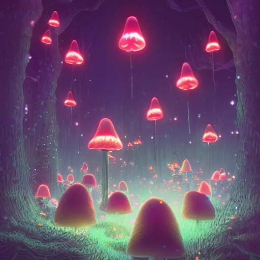 Image similar to A beautiful ultradetailed anime illustration of a group of glowing mushrooms in a dark forest by beeple, studio ghibli, wallpaper, highly detailed, trending on artstation