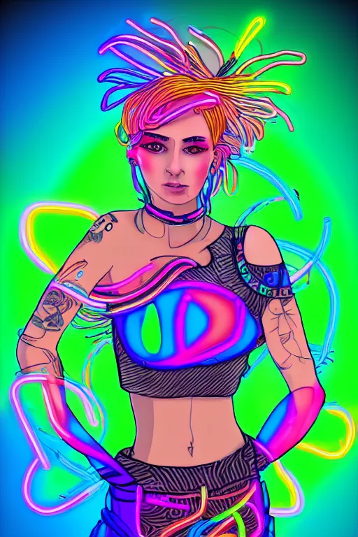 Image similar to a award winning portrait of a beautiful woman with stunning eyes in a one off shoulder croptop and cargo pants with rainbow colored hair, outlined by whirling illuminated neon lines and fine lines swirling in circles by ossdraws, digital art, trending on artstation