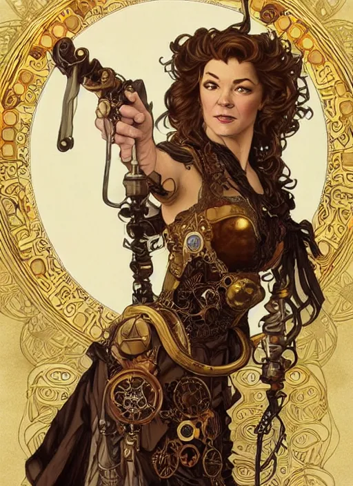 Image similar to Claudia Christian as a beautiful steampunk woman, intricate, elegant, highly detailed, centered, digital painting, artstation, concept art, smooth, sharp focus, illustration, art by artgerm and donato giancola and alphonse mucha
