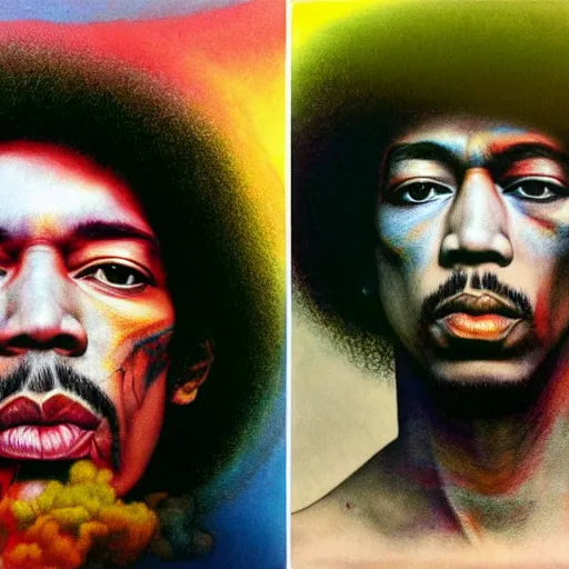 Image similar to colour masterpiece surreal closeup portrait photography jimi hendrix by miho hirano and annie leibovitz and michael cheval, psychedelic smoke background by kilian eng and roger dean and salvador dali and beksinski, 8 k