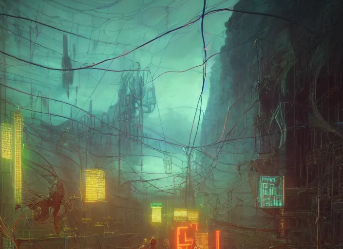 Prompt: Landscape, neon, RGB, glowing wires everywhere, by Edgar Maxence and Ross Tran, Zdzisław Beksiński, and Michael Whelan, distant, gustav dore, H.R. Giger, 8k, octane render