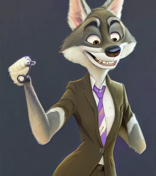 Image similar to oil painting of detailed full body of anthromorphic female wolf, in style of zootopia, zootopia, zootopia, fursona, furry, furaffinity, 4 k, deviantart, furry art, fursona art, wearing black business suit, business suit, in style of zootopia, wolf fursona, cyberpunk, female, expressive detailed feminine face,