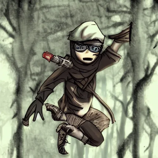 Image similar to a ninja in a moody forrest jumping, anime, steampunk, insanley detalied