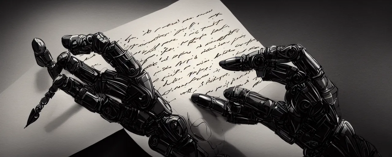 Image similar to a closeup of a robot hand writing a letter, intricate, cinematic lighting, highly detailed, digital painting, artstation, concept art, smooth, sharp focus, illustration