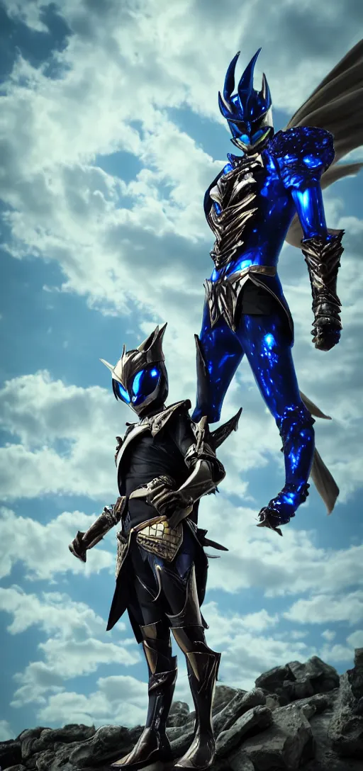 Prompt: High Fantasy Kamen Rider standing in a rock quarry, full body, 4k, glowing eyes, daytime, rubber suit, dark blue segmented armor, dragon inspired armor, centered