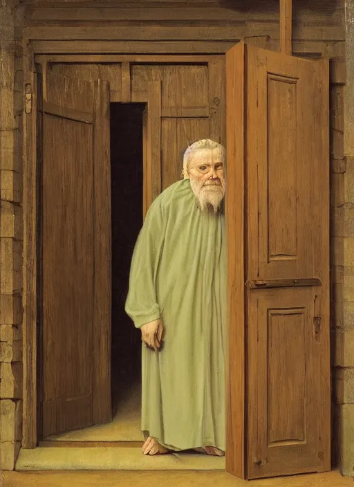 Image similar to a realistic old man in robes holding a book standing in front of an elaborate ancient wooden door, beautiful colourful fantasy rendering, Agnolo Bronzino, Simon Stälenhag, N.C. Wyeth