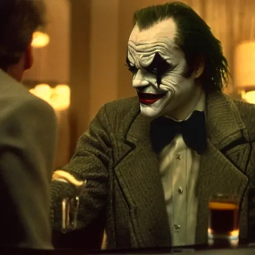 Image similar to jack nicholson as jack torrance in joker makeup in the shining, sitting at the bar with whiskey, widescreen shot, anamorphic film, screenshot by stanley kubrick