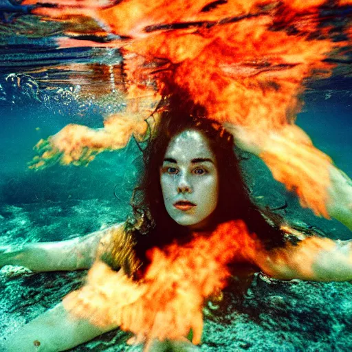 Image similar to woman covered in fire flames, underwater, 35mm film