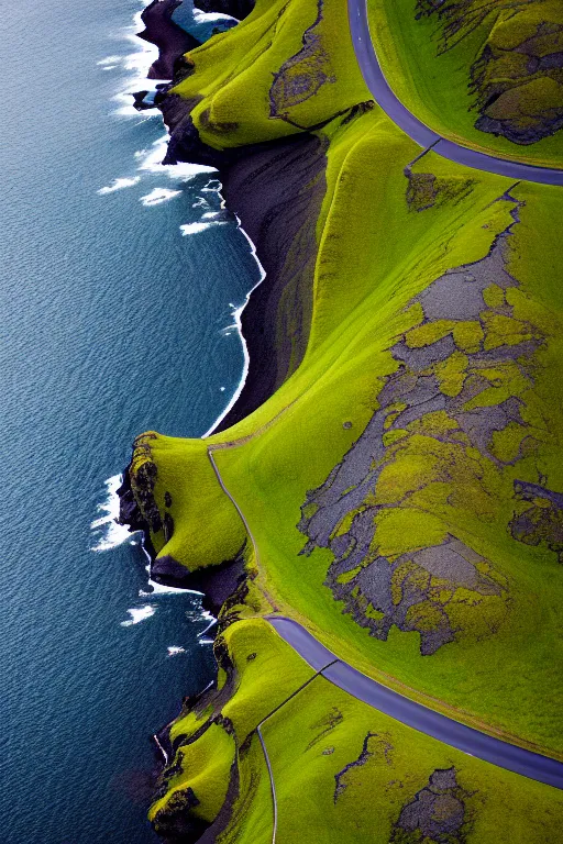 Prompt: a stunning landscape top down aerial photo of iceland, featured on behance