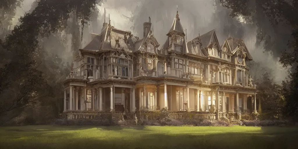 Image similar to a painting of a late Victorian mansion designed by Joseph Paxton, illustration by Mandy Jurgens and Małgorzata Kmiec and Dang My Linh and Lulu Chen and Alexis Franklin and Filip Hodas and Pascal Blanché and Bastien Lecouffe Deharme