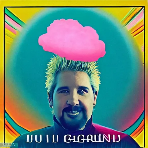 Image similar to 8 0 s new age album cover depicting a fluffy pink cloud in the shape of guy fieri, very peaceful mood