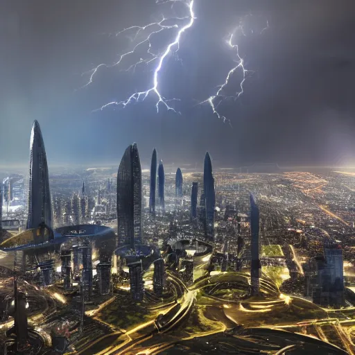 Image similar to Wide shot of colossal futuristic megacity towering across the landscape, thunder storm, Ralph McQuarrie, EOS-1D, f/16, ISO 200, 1/160s, 8K