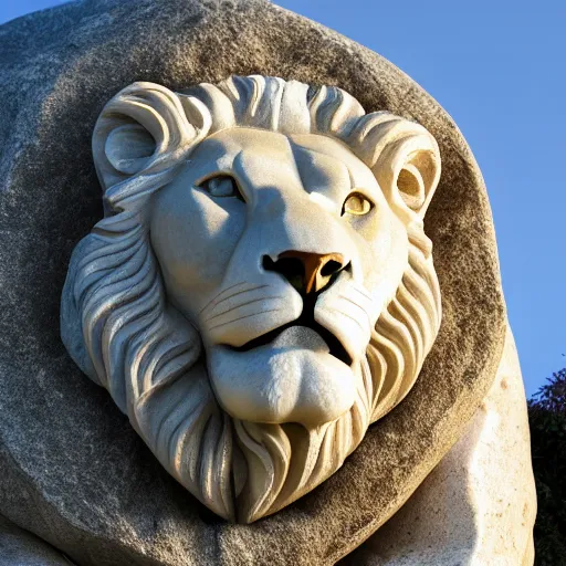 Prompt: stone sculpture of lion, white stone marbled, sun light, god rays, 4 k, high detail, photo real