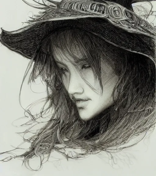 Prompt: portrait of fumo doll wearing witch hat, pen and ink, intricate line drawings, by craig mullins, ruan jia, kentaro miura, greg rutkowski, loundraw