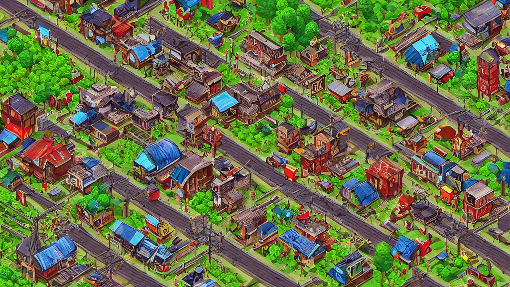 Image similar to photorealism spoiled isometric railroad village / city setting