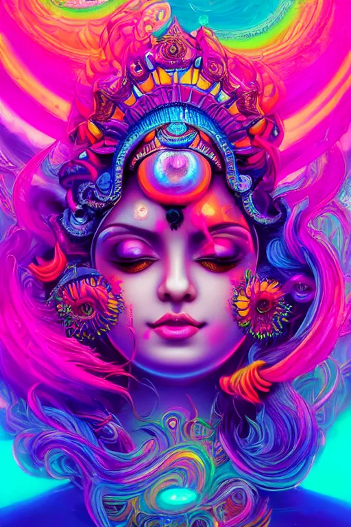 Prompt: a beautiful hindu goddess engulfed in colorful liquid smoke and neon clouds, a colorful psychedelic experience, dmt, lsd, face, highly detailed, artstation, concept art, matte, sharp focus, illustration, digital art by hana yata, and artem demura and beeple, octane render, unreal engine, 8 k