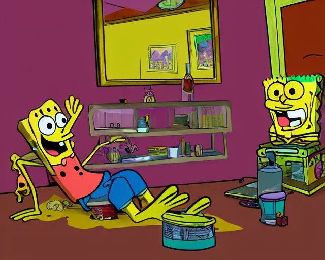 Prompt: spongebob and patrick doing drugs in patricks house, digital art, artstation, amazing detail