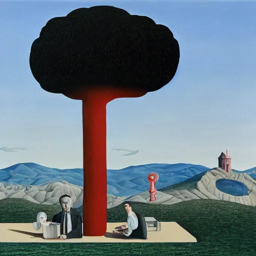 Image similar to A Surreal Landscape by Charles Addams and René Magritte