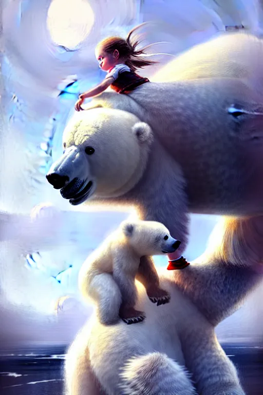 Image similar to tiny girl riding on the back of a giant fluffy polar bear by greg rutkowski