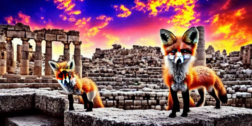 Image similar to A beautiful small fox in the huge ruins of the second temple in Jerusalem :: Dreamy sky :: The third temple hovers quietly in the sky above :: Very colorful painting 8k trending on art station :: Intricate details, very realistic, cinematic lighting, volumetric lighting, photographic blur bokeh defocus dof sky.