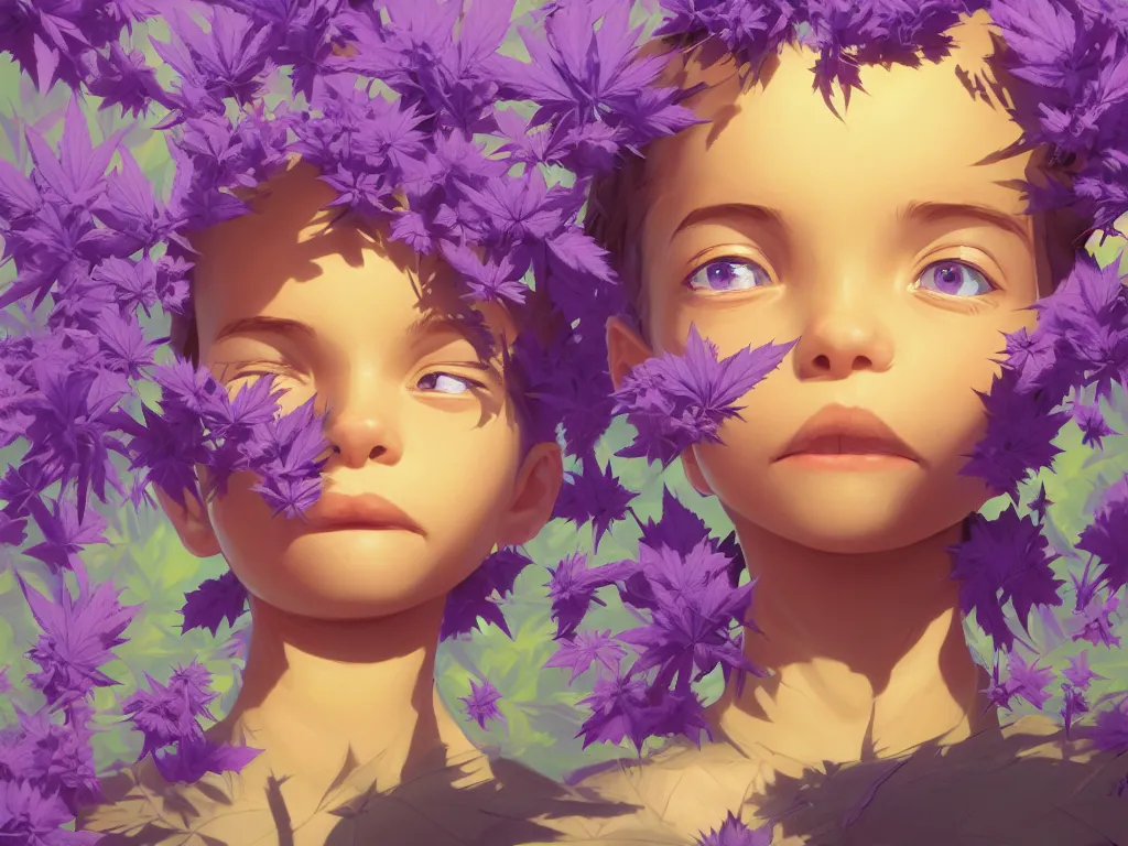 Prompt: single kid symmetrical beauty face in focus purple flowers of marijuana hemp cannabis, behance hd, by jesper ejsing, by rhads, makoto shinkai, lois van baarle, ilya kuvshinov, rossdraws global illumination, golden ratio