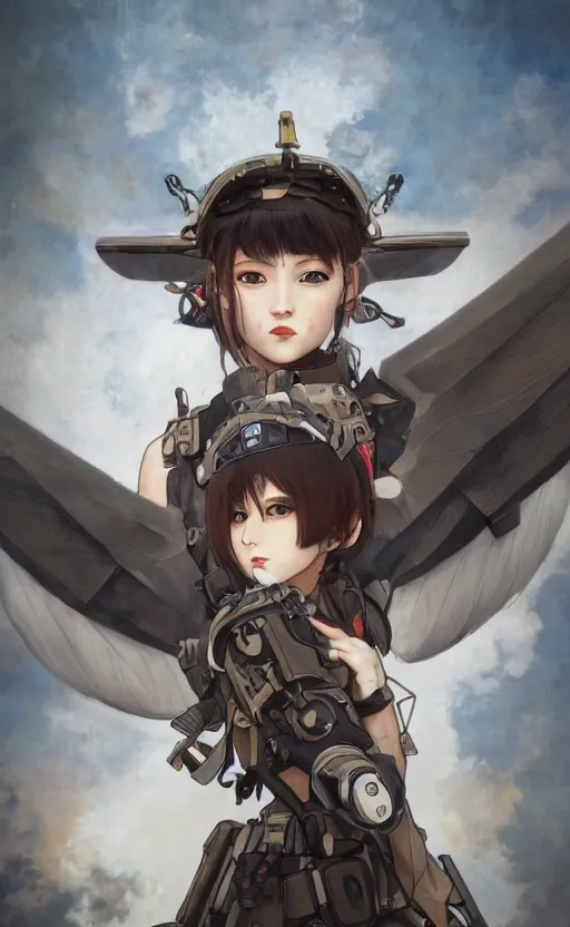 Image similar to front portrait of mechanized valkyrie, anime style, world war 2, vintage clothing, spread wings, short hair, hair down, symmetrical facial features, from arknights, hyper realistic, 4 k, rule of thirds, extreme detail, detailed drawing, safebooru, hd, d & d, realistic lighting, by alphonse mucha, greg rutkowski, backlit