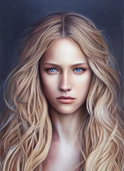 Image similar to a painting of a woman with long blonde hair, a photorealistic painting by magali villeneuve, featured on cgsociety, fantasy art, detailed painting, photorealistic