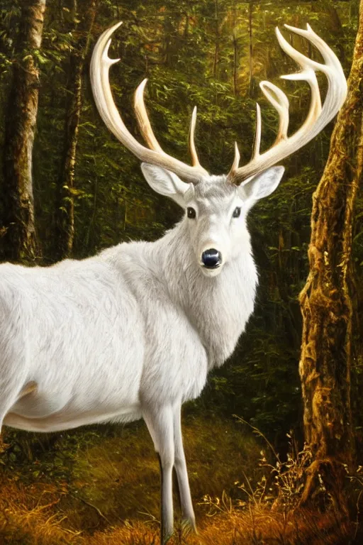 Image similar to an oil painting of the king of the forest: a white stag, beautiful, fantasy, hyper realistic, dramatic lighting