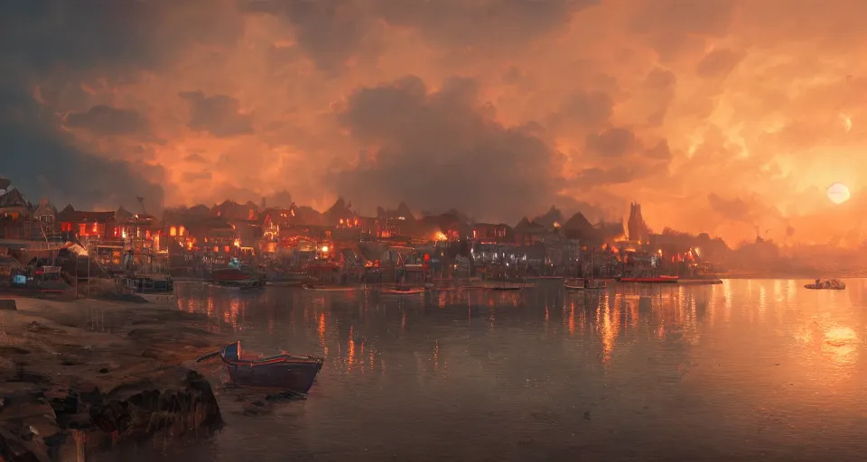 Prompt: a beautiful painting of a seaside town on fire, octane render, brilliantly coloured, intricate, ultra wide angle, trending on artstation, dusk, volumetric lighting, polished, micro details, ray tracing, 8k