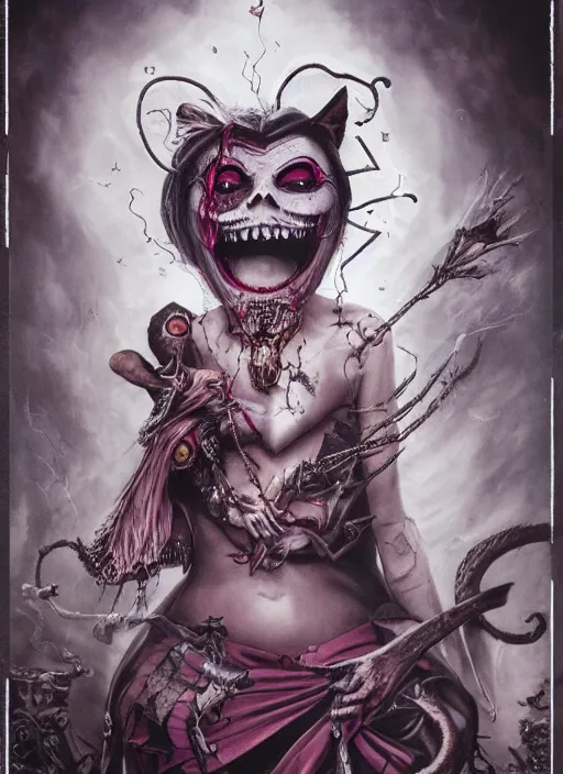 Image similar to Angry Queen of Hearts with Cheshire Cat, Death Tarot card,highly detailed,half skull face,cinematic,8k,by Stanley Artgermm,Tom Bagshaw,Greg Rutkowski,Carne Griffiths, Ayami Kojima, Beksinski, Giger,trending on DeviantArt,hyper detailed,horror, full of colour