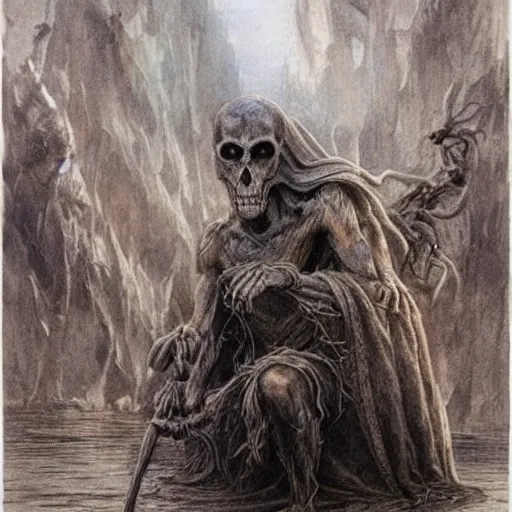 Prompt: 🦀🐟🦇🦍🔥👻, Alan Lee