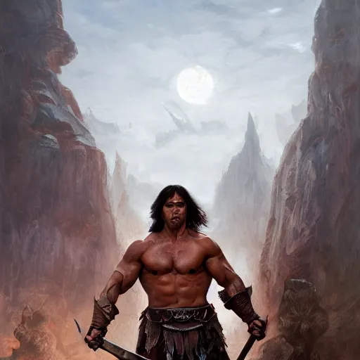 Image similar to Conan the Barbarian, 4k oil on linen by wlop, artgerm, andrei riabovitchev, nuri iyem, james gurney, james jean, greg rutkowski, highly detailed, soft lighting 8k resolution