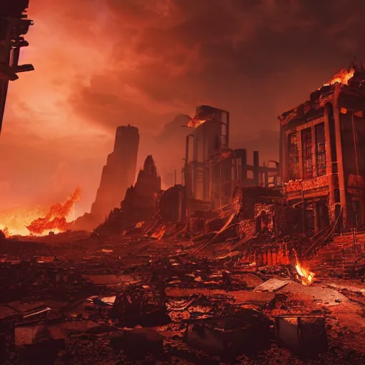 Prompt: post apocalyptic earth with fire everywhere and destroyed buildings, surreal, sharp focus, digital art, epic composition, concept art, dynamic lighting, intricate, highly detailed, 8 k, unreal engine, blender render