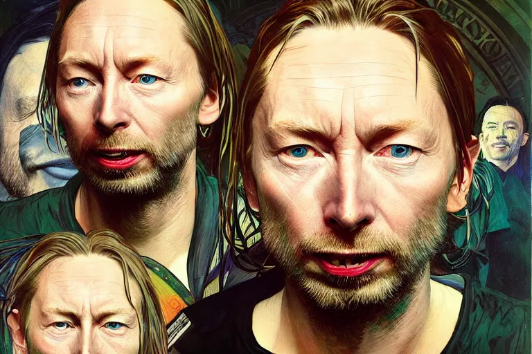 Prompt: hyper realistic portrait of wide faced thom yorke, bigger cheekbones, bigger forehead, bigger chin, smile, on a stage, by lee bermejo, alphonse mucha and greg rutkowski