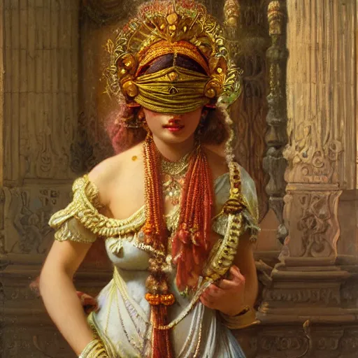 Image similar to detailed full body of hindu traditional woman blindfolded high - tech vr headset in baroque style, girl graceful,, painting by gaston bussiere, craig mullins, j. c. leyendecker, lights, art by ernst haeckel, john william godward, hammershøi,,