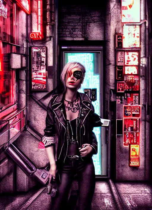 Image similar to portrait photo, 3 5 mm lomography, female doorwoman, gang clothing fashion, id magazine, hyperrealism, detailed textures, photorealistic, cyberpunk apocalyptic city, ultra realistic, cinematic, intricate, cinematic light, 8 k, david la chapelle, david kostic, artgerm