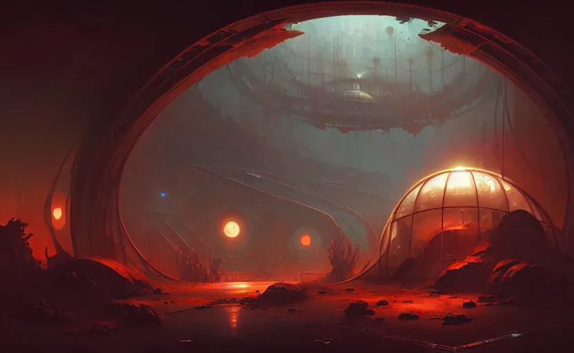 Image similar to abandoned mars biodome, horror sccene, by Greg Rutkowski and Gaston Bussiere, dim lighting, beautiful volumetric-lighting-style atmosphere, futuristic atmosphere, intricate, detailed, photorealistic imagery, artstation