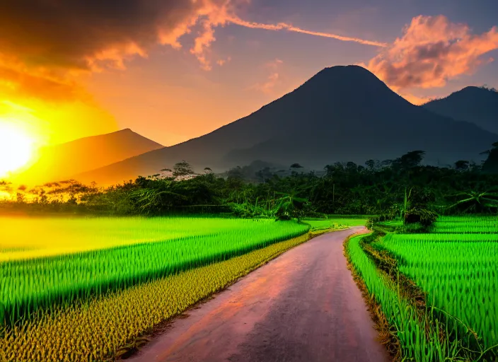 Prompt: a road between rice paddy fields, two big mountains in the background, big yellow sun rising between 2 mountains, indonesia travel photo