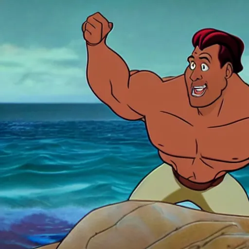 Image similar to dwayne johnson as a cartoon in the little mermaid