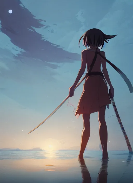 Image similar to anime girl with a katana walking on water, ripples, backdrop of dawn, backshot, saturn in the background, low angled illustration from demon slayer, concept art, anime, key visual, trending pixiv fanbox by wlop and greg rutkowski and makoto shinkai and studio ghibli