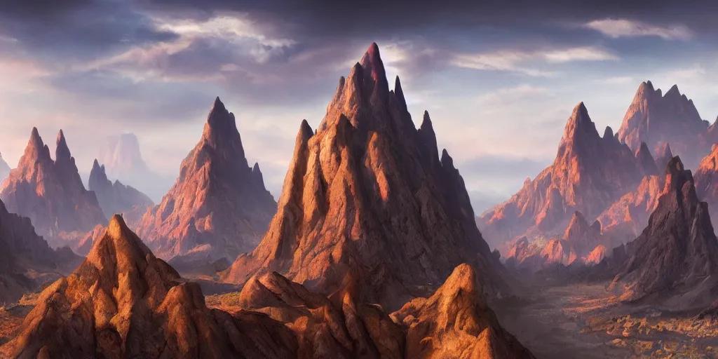 Image similar to beautiful matte painting of large evil mountains and canyons, fantasy