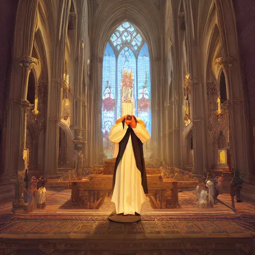 Image similar to a Priest holding up the gospel of Emad in a beautiful cathedral, highly detailed, digital painting, artstation, concept art, smooth, sharp focus, illustration, Unreal Engine 5, 8K, art by artgerm and greg rutkowski and alphonse mucha