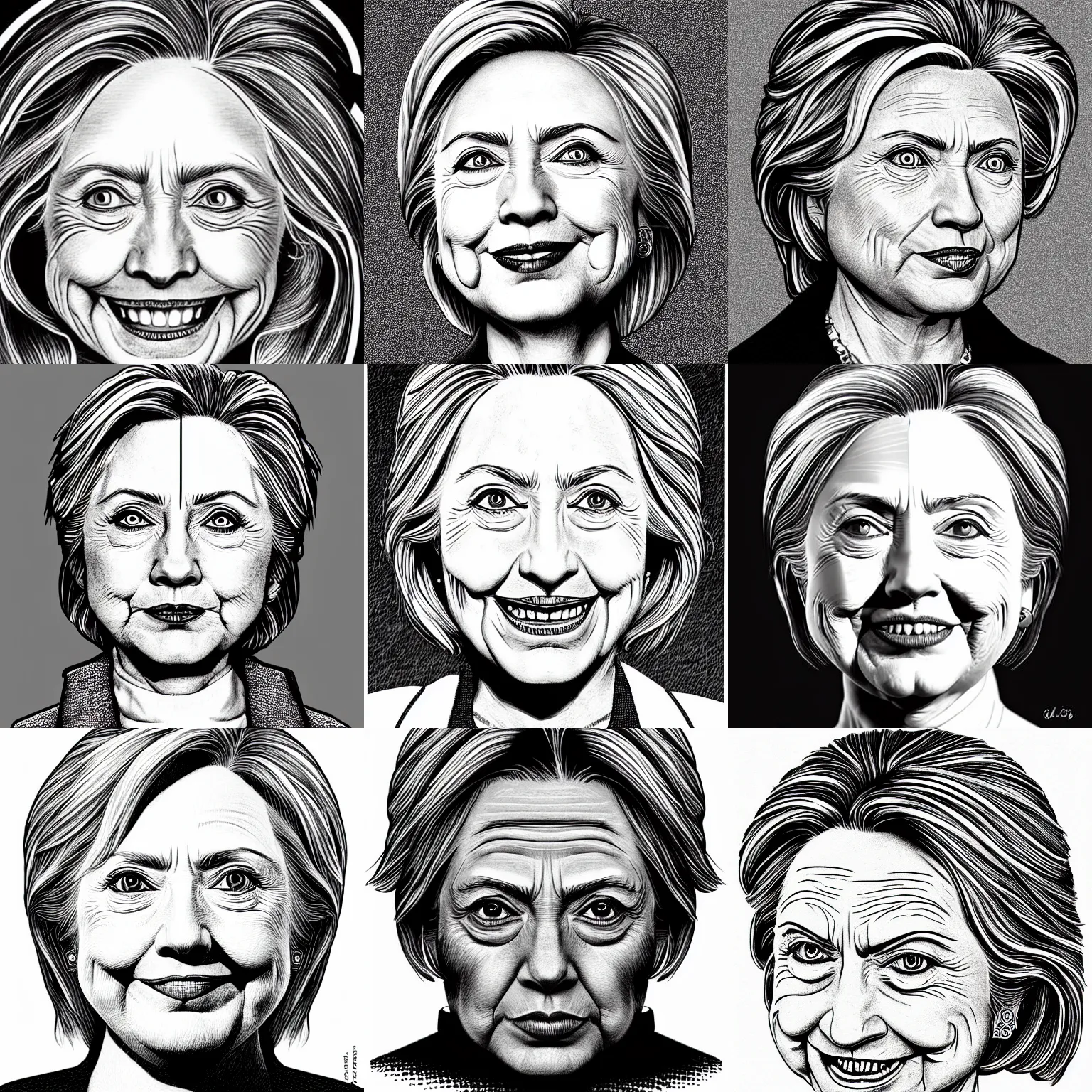 Prompt: a detailed hedcut character portrait of hillary clinton an orc chemist, grayscale, fantasy, stippling, hatching