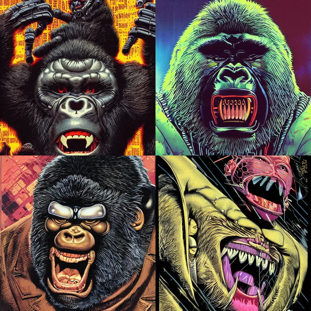 Prompt: portrait of screaming furious gorilla wearing a cyberpunk mask, symmetrical, by yoichi hatakenaka, masamune shirow, josan gonzales and dan mumford, ayami kojima, takato yamamoto, barclay shaw, karol bak, yukito kishiro