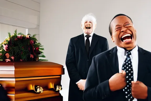 Prompt: a man laughing at a funeral while everybody else stares at him in disgust