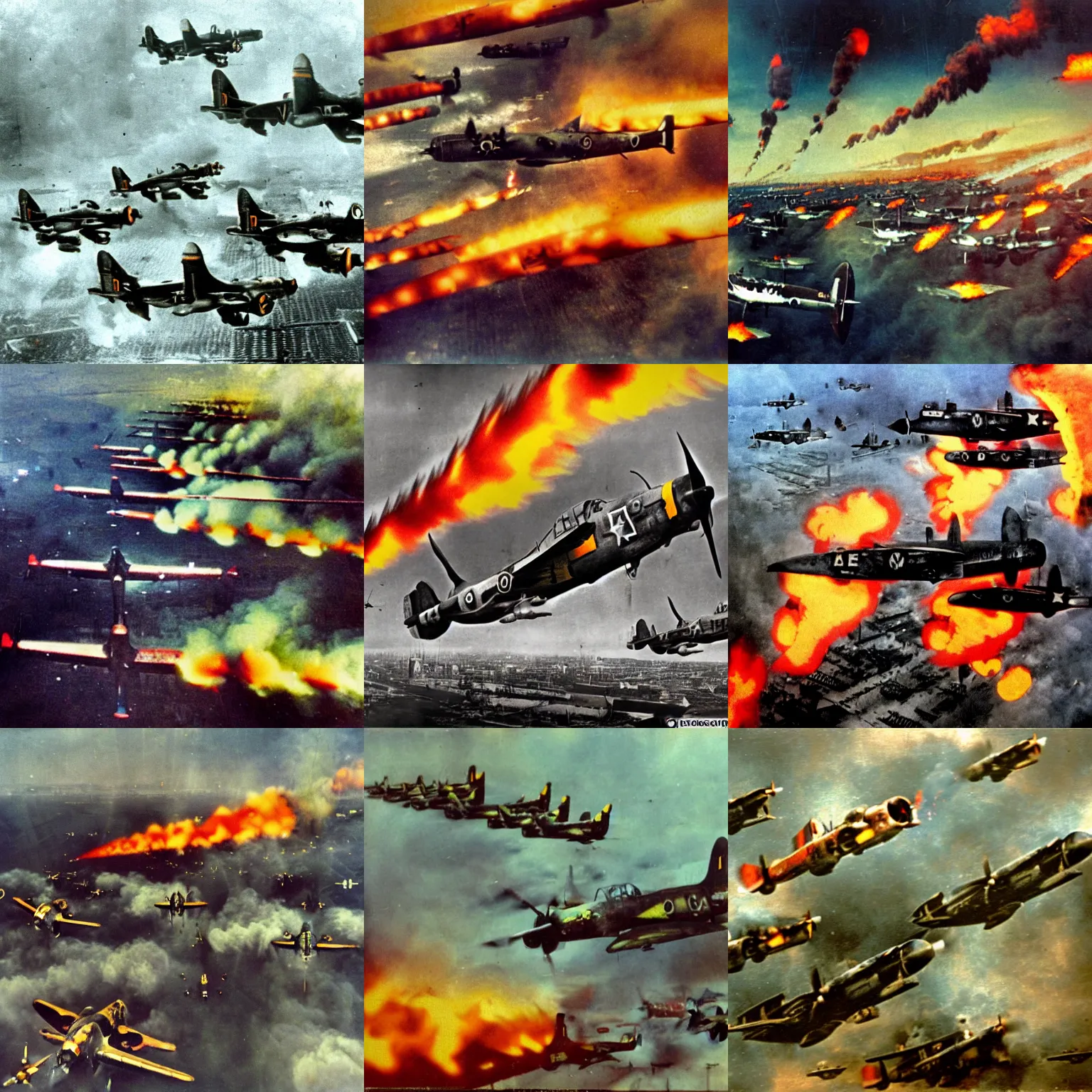 Prompt: armada of ww 2 german stuka dive bombers, over a destroyed smoking flaming city, color, reflections, motion blur, atmospheric