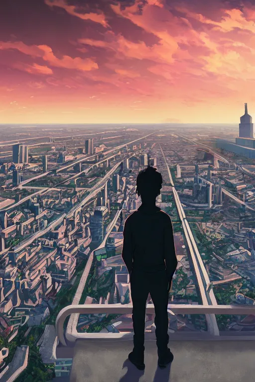 Image similar to Man in black adidas tracksuit looking atop of a urban plateau filled with soviet apartment buildings, golden hour, dreamy, beautiful clouds, beautiful ambient, lighting, wallpaper, beautiful artwork by Makoto Shinkai