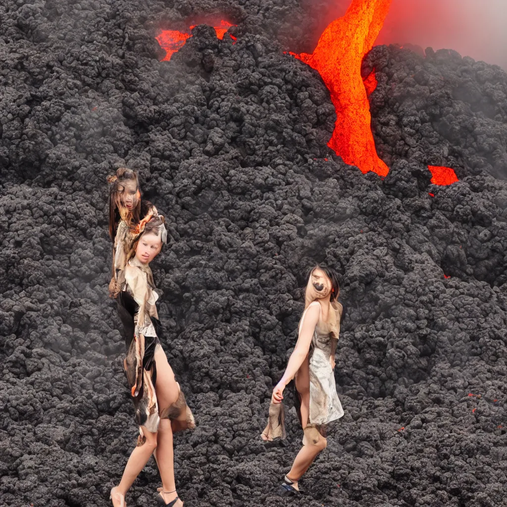 Prompt: fashion portrait in volcano lava eruption.