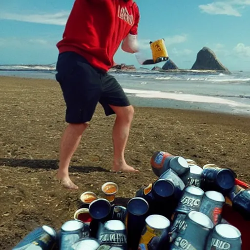 Prompt: thor smashing beer cans on an alien beach